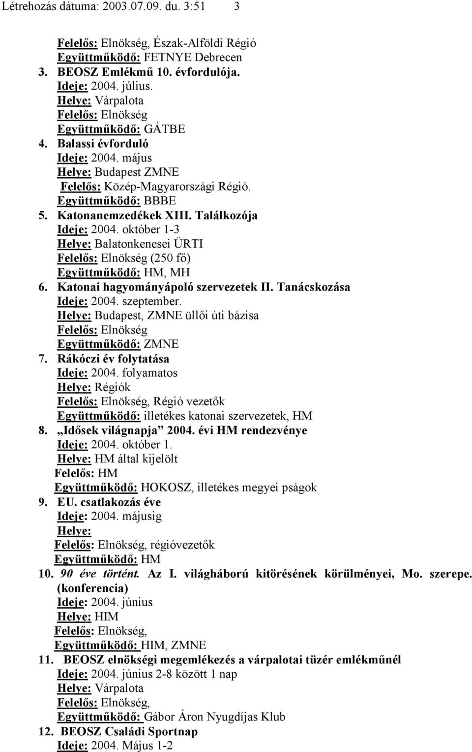 október 1-3 Helye: Balatonkenesei ÜRTI (250 fő) Együttműködő: HM, MH 6. Katonai hagyományápoló szervezetek II. Tanácskozása Ideje: 2004. szeptember. Helye: Budapest, ZMNE üllői úti bázisa 7.