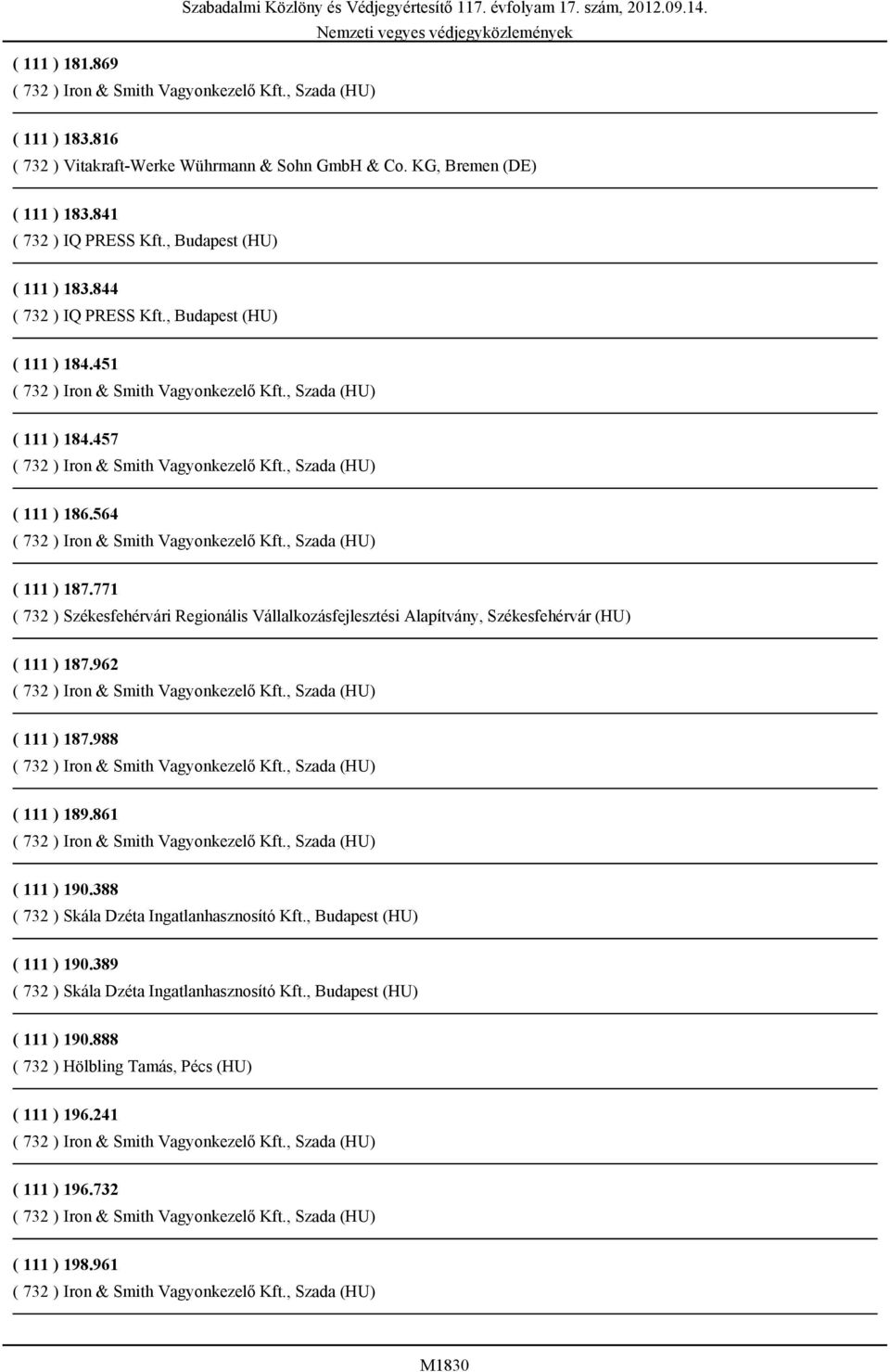 771 ( 732 ) Székesfehérvári Regionális Vállalkozásfejlesztési Alapítvány, Székesfehérvár (HU) ( 111 ) 187.962 ( 111 ) 187.988 ( 111 ) 189.