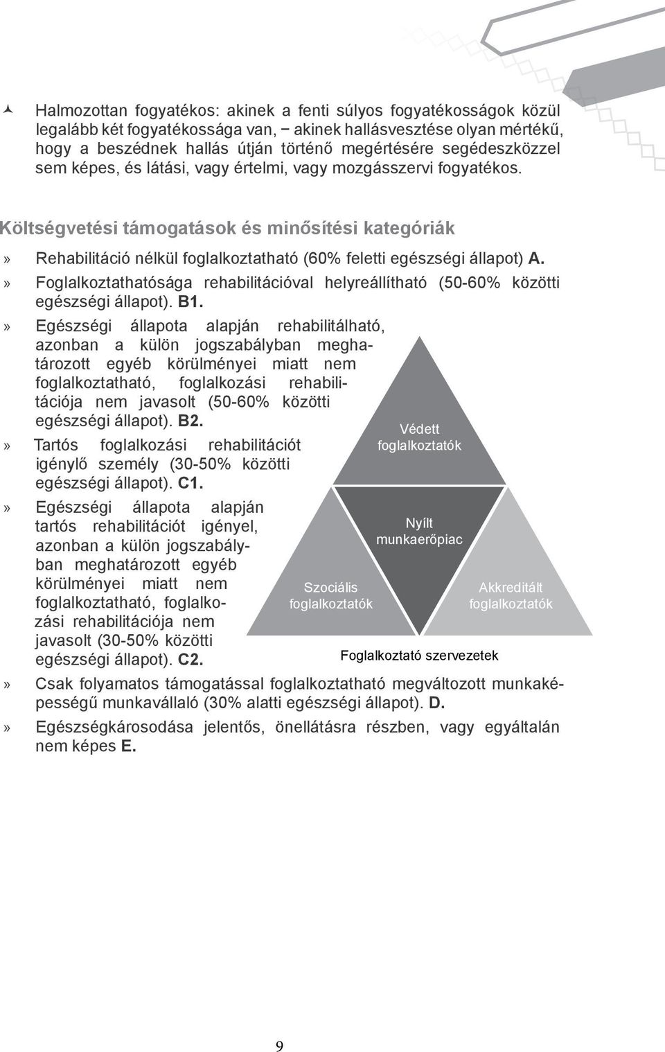 Költségvetési támogatások és minősítési kategóriák Rehabilitáció nélkül foglalkoztatható (60% feletti egészségi állapot) A.