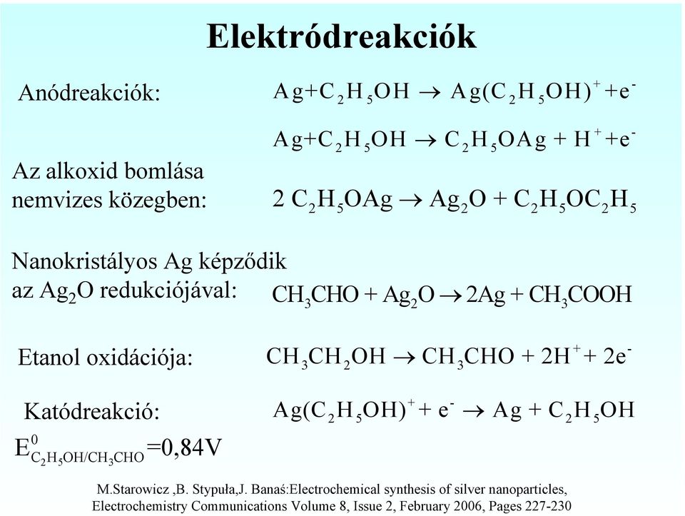 Katódreakció: E 0 C H OH/CH CHO 2 5 3 =0,84V CH CH OH 3 2 3 Ag(C H OH) + e CH CHO + 2H + 2e + - 2 5 2 5 + - Ag + C H OH M.Starowicz,B.