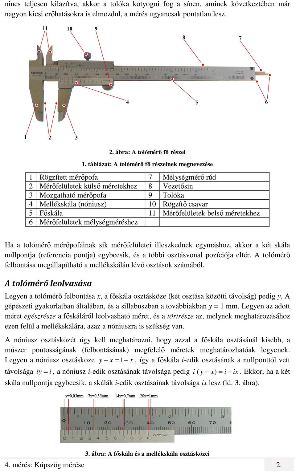 csavar 5 Főskála 11 Mérőfelületek belső méretekhez 6 Mérőfelületek mélységméréshez Ha a tolómérő mérőpofáinak sík mérőfelületei illeszkednek egymáshoz, akkor a két skála nullpontja (referencia