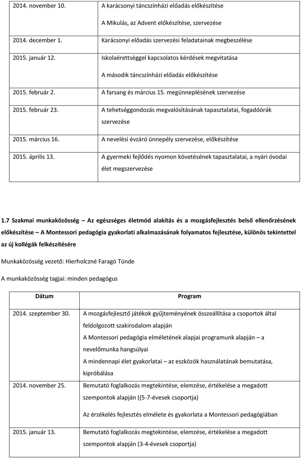 A tehetséggondozás megvalósításának tapasztalatai, fogadóórák szervezése 2015. március 16. A nevelési évzáró ünnepély szervezése, előkészítése 2015. április 13.