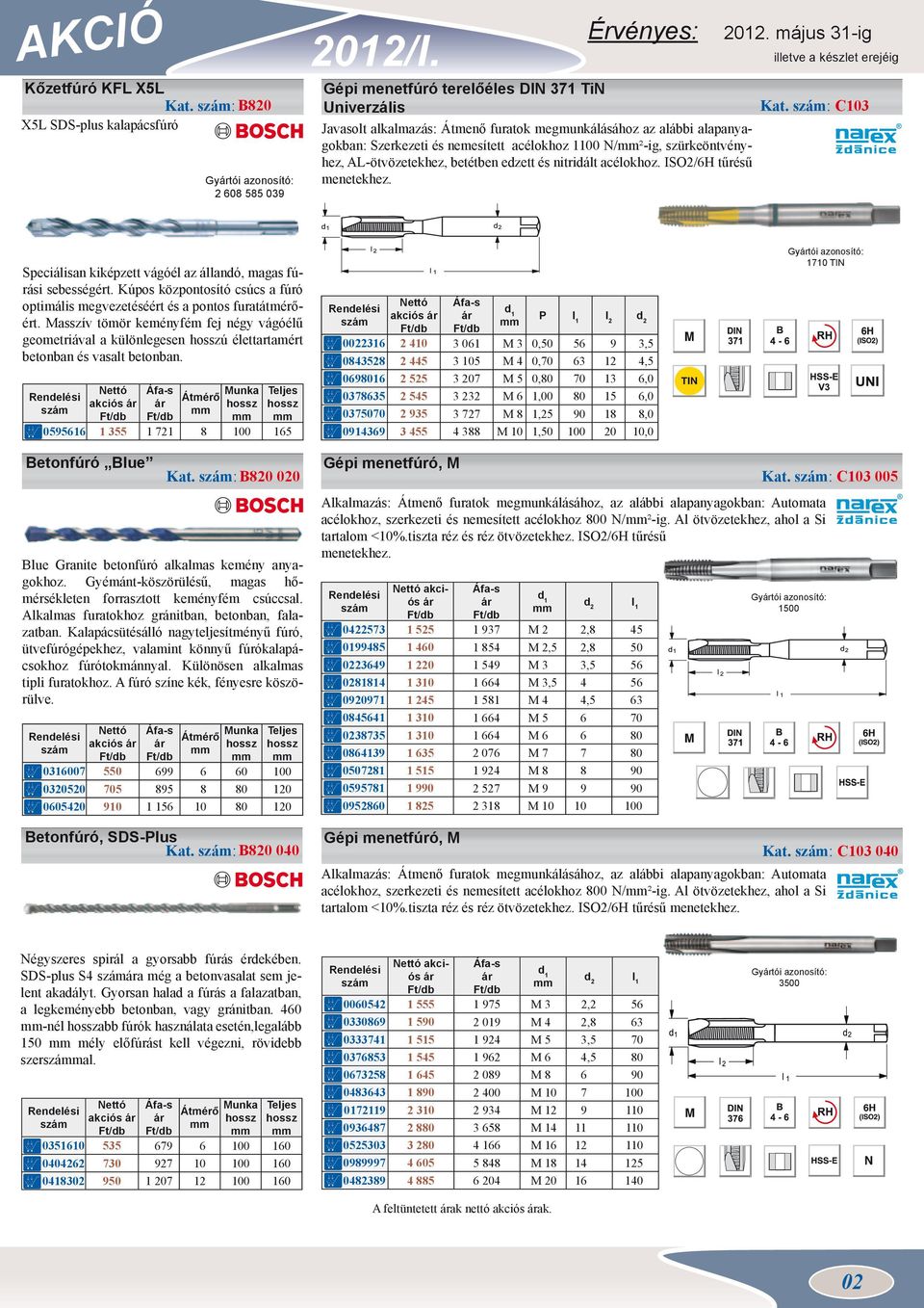 nemesített acélokhoz 1100 N/²-ig, szürkeöntvényhez, AL-ötvözetekhez, betétben edzett és nitridált acélokhoz. ISO2/6H tűrésű menetekhez. Kat.