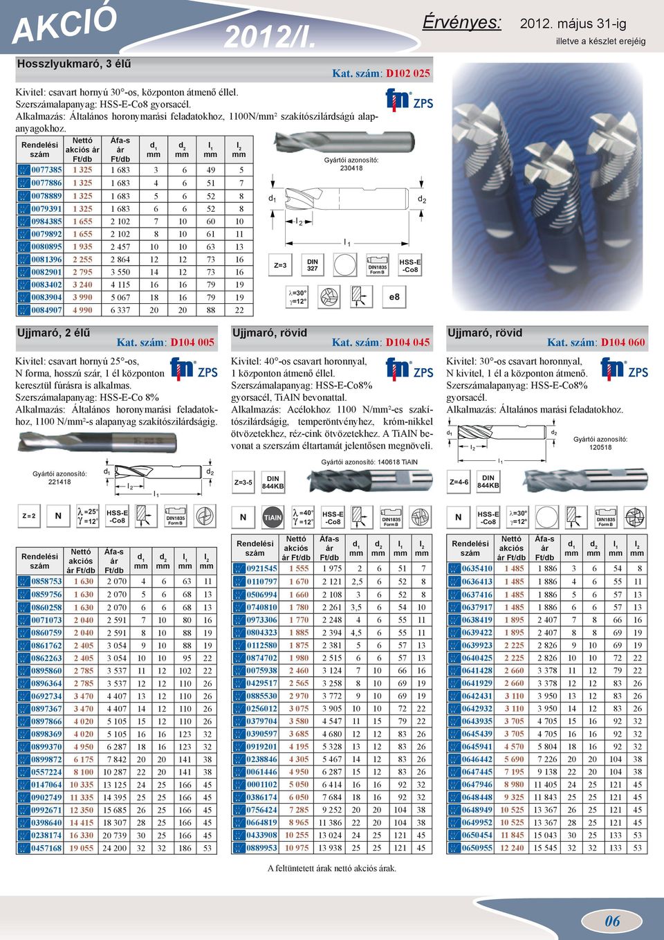 4 990 6 337 20 20 88 22 Kat. : D102 025 Kivitel: csavart hornyú 30 -os, központon átmenő éllel. Szeralapanyag: HSS-E-Co8 gyorsacél.