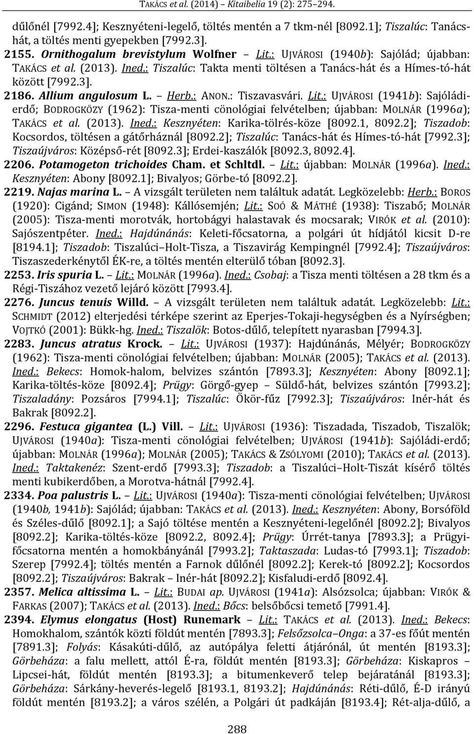 Lit.: UJVÁROSI (1941b): Sajóládierdő; BODROGKÖZY (1962): Tisza-menti cönológiai felvételben; újabban: MOLNÁR (1996a); TAKÁCS et al. (2013). Ined.: Kesznyéten: Karika-tölrés-köze [8092.1, 8092.