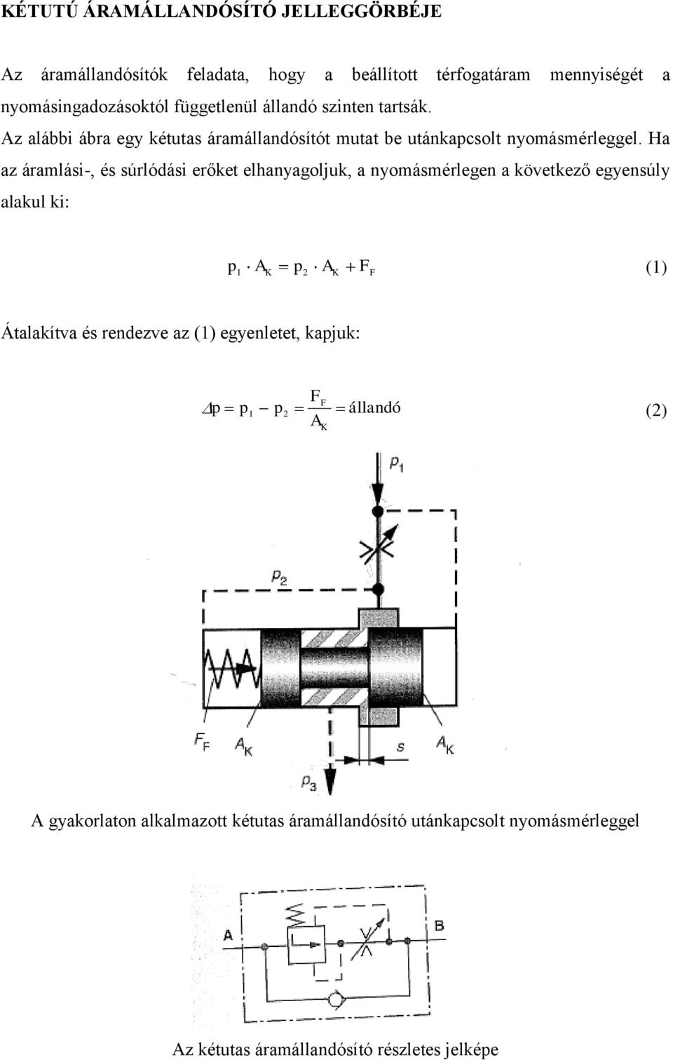 Ha az áramlási-, és súrlódási erőket elhanyagoljuk, a nyomásmérlegen a következő egyensúly alakul ki: p (1) 1 AK p2 AK FF Átalakítva és