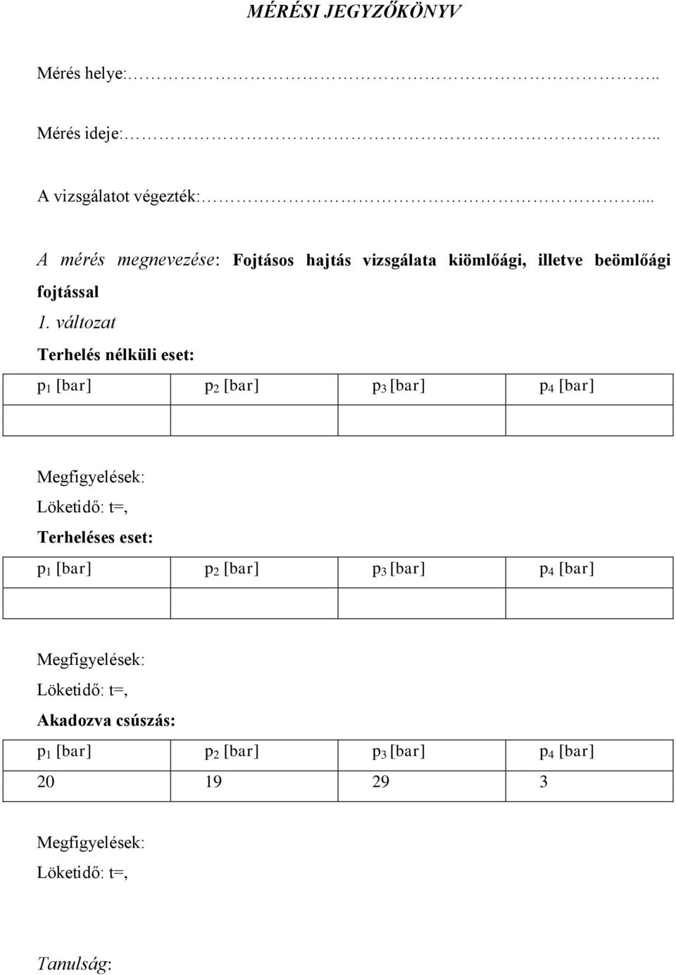 változat Terhelés nélküli eset: p 1 [bar] p 2 [bar] p 3 [bar] p 4 [bar] Megfigyelések: Löketidő: t=, Terheléses