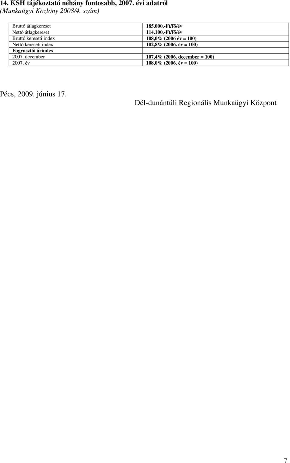 100,-Ft/fı/év Bruttó kereseti index 108,0% (2006 év = 100) Nettó kereseti index 102,8% (2006.