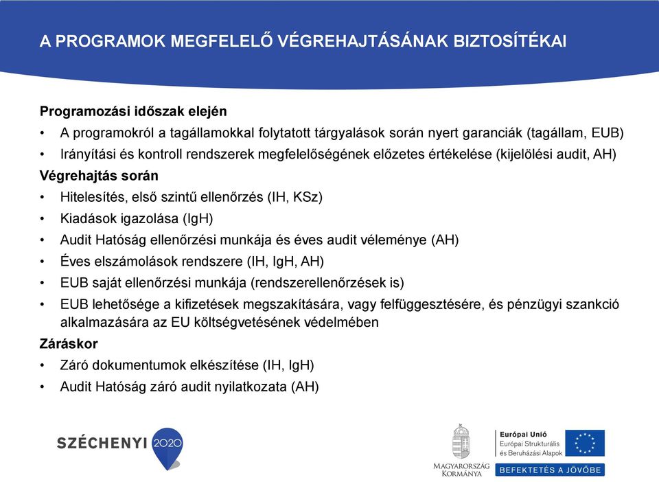 ellenőrzési munkája és éves audit véleménye (AH) Éves elszámolások rendszere (IH, IgH, AH) EUB saját ellenőrzési munkája (rendszerellenőrzések is) EUB lehetősége a kifizetések
