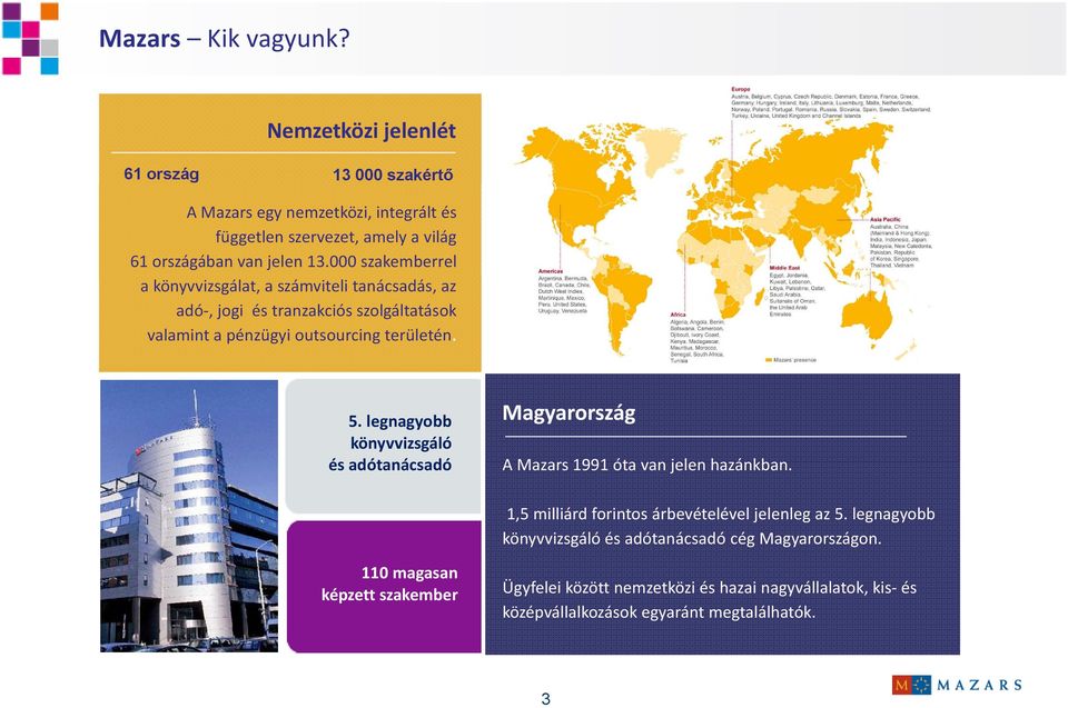 000 szakemberrel a könyvvizsgálat, a számviteli tanácsadás, az adó, jogi és tranzakciós szolgáltatások valamint a pénzügyi outsourcing területén. Magyarország 5.