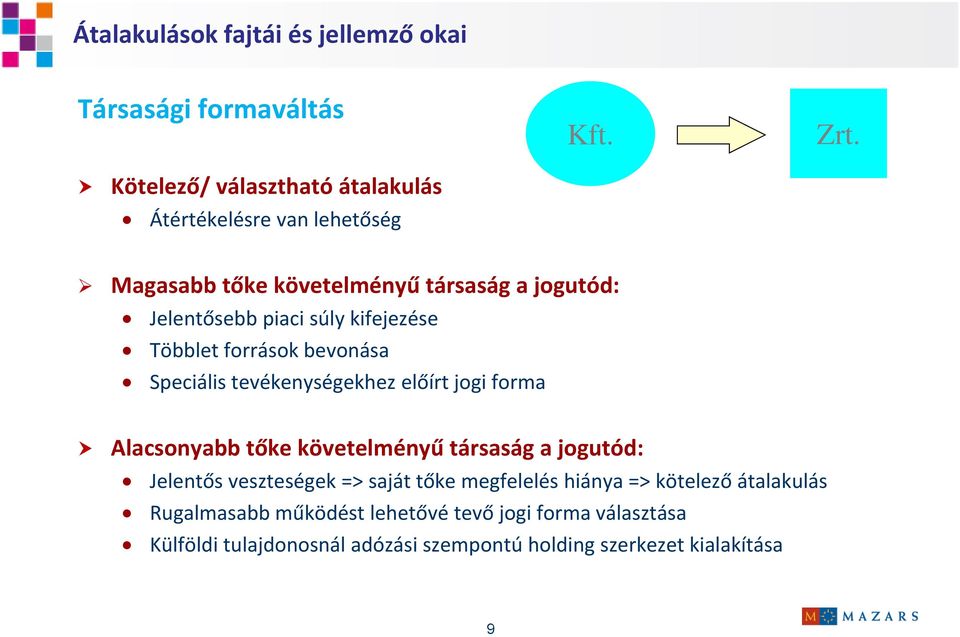kifejezése Többlet források bevonása Speciális tevékenységekhez előírt jogi forma Alacsonyabb tőke követelményű társaság a jogutód: