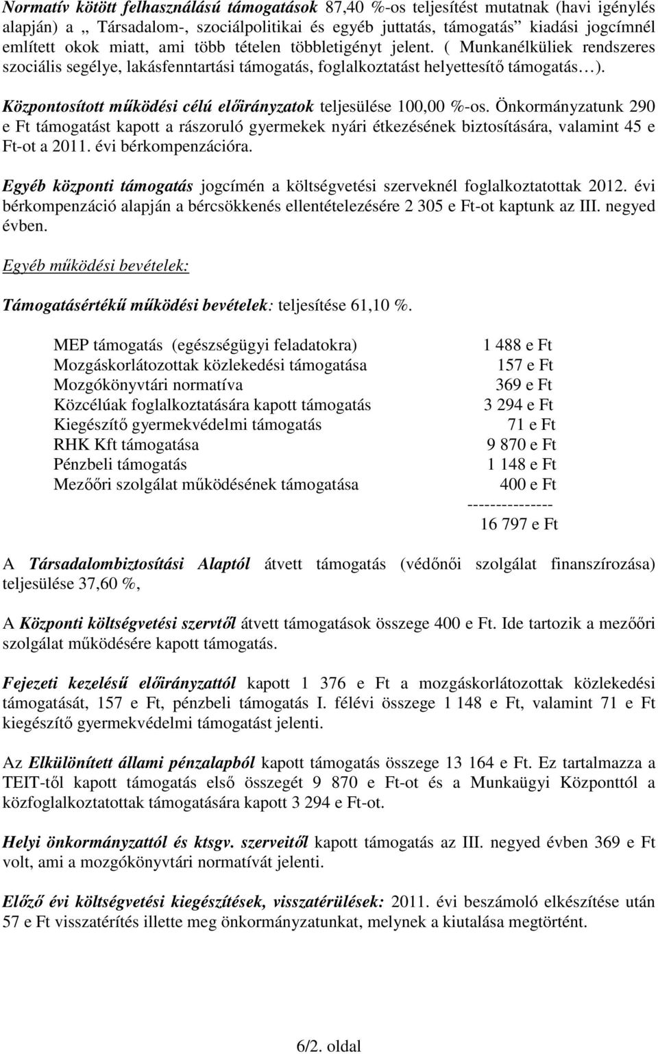 Központosított működési célú előirányzatok teljesülése 100,00 %-os. Önkormányzatunk 290 e Ft támogatást kapott a rászoruló gyermekek nyári étkezésének biztosítására, valamint 45 e Ft-ot a 2011.