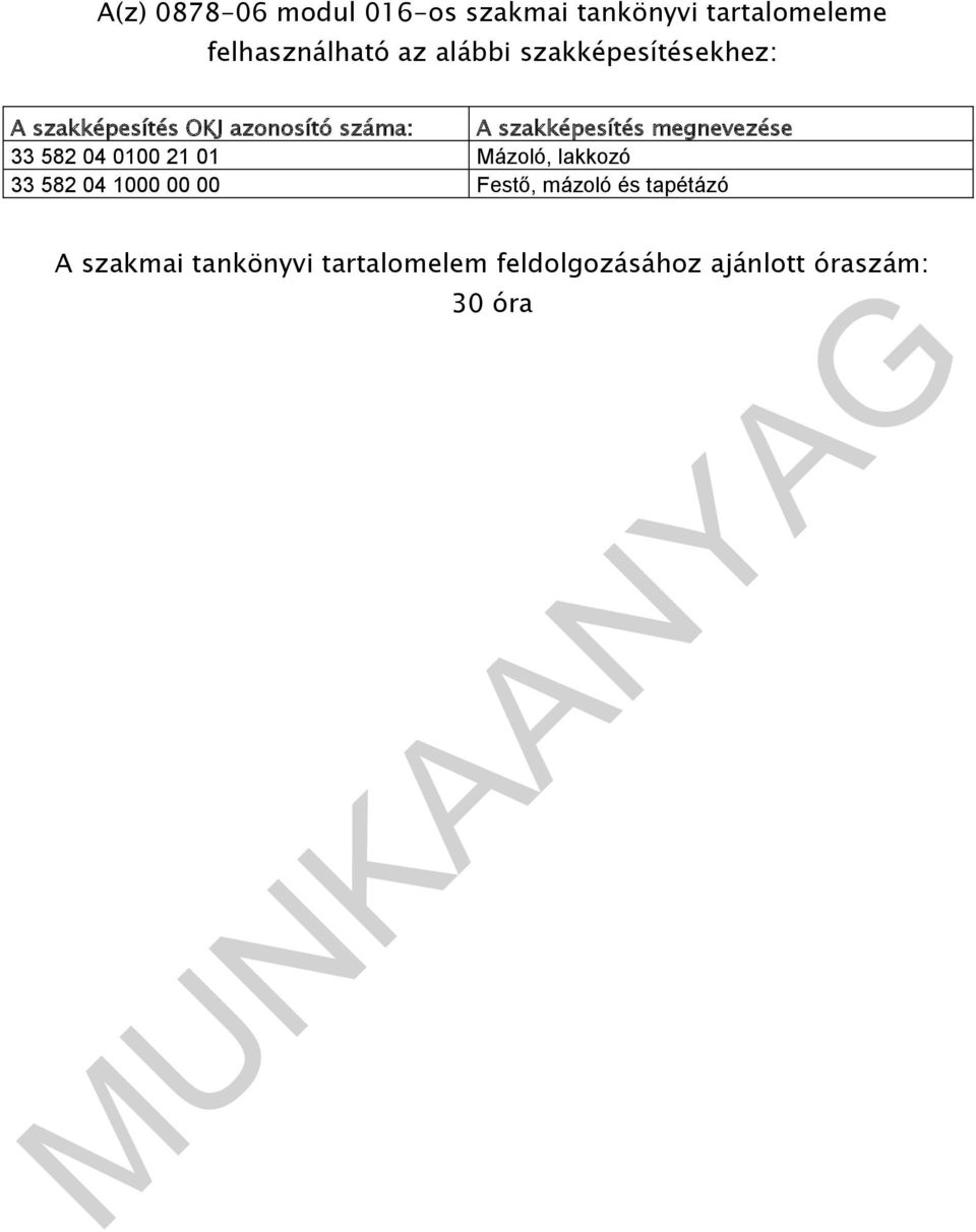 megnevezése 33 582 04 0100 21 01 Mázoló, lakkozó 33 582 04 1000 00 00 Festő,