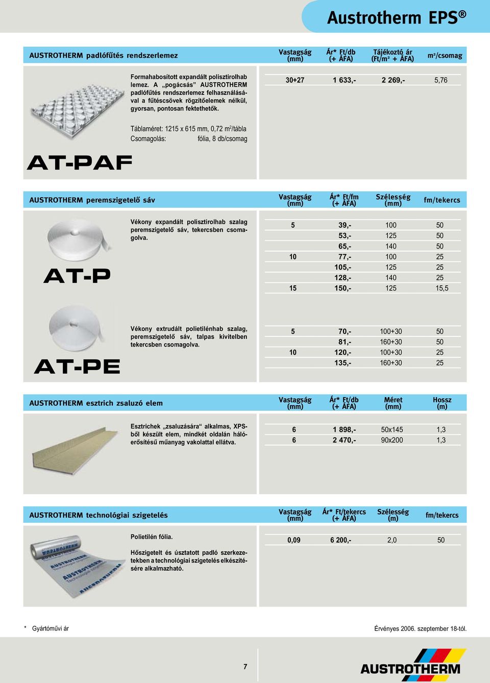 30+27 1 633,- 2 269,- 5,76 1215 x 615 mm, 0,72 m 2 /tábla Csomagolás: fólia, 8 AT-PAF AUSTROTHERM peremszigetelô sáv Szélesség fm/tekercs AT-P Vékony expandált polisztirolhab szalag peremszigetelô