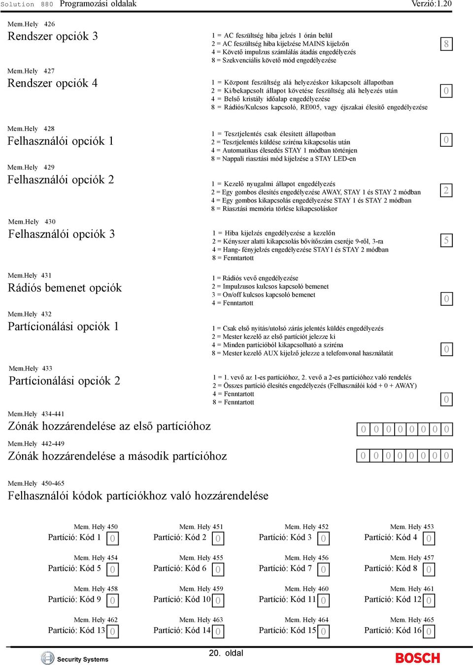 mód engedélyezése 1 = Központ feszültség alá helyezéskor kikapcsolt állapotban 2 = Ki/bekapcsolt állapot követése feszültség alá helyezés után 4 = Belső kristály időalap engedélyezése 8 =