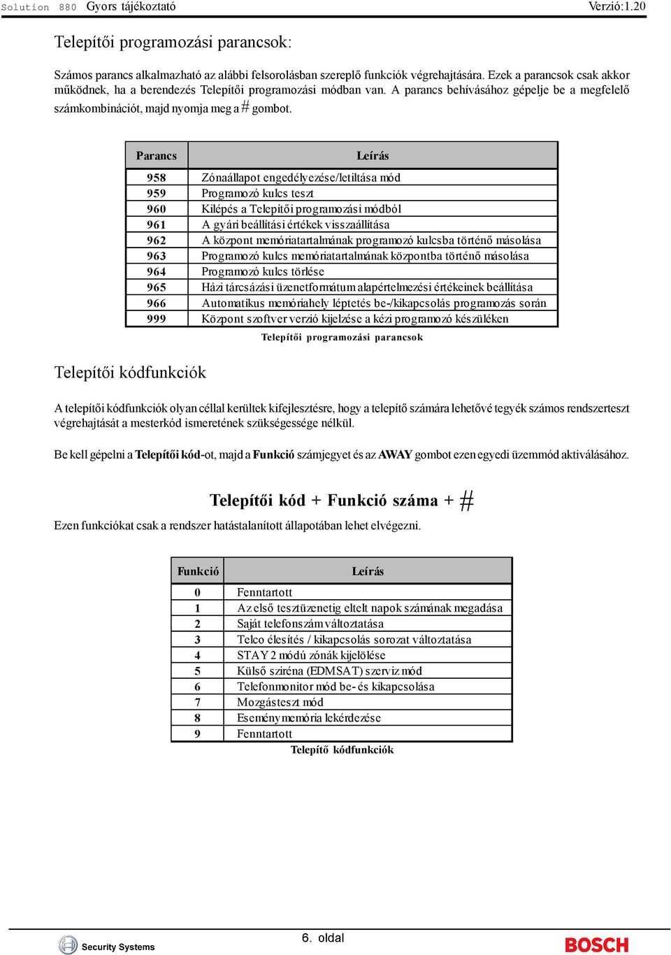 Parancs Telepítői kódfunkciók Leírás 958 Zónaállapot engedélyezése/letiltása mód 959 Programozó kulcs teszt 960 Kilépés a Telepítői programozási módból 961 A gyári beállítási értékek visszaállítása