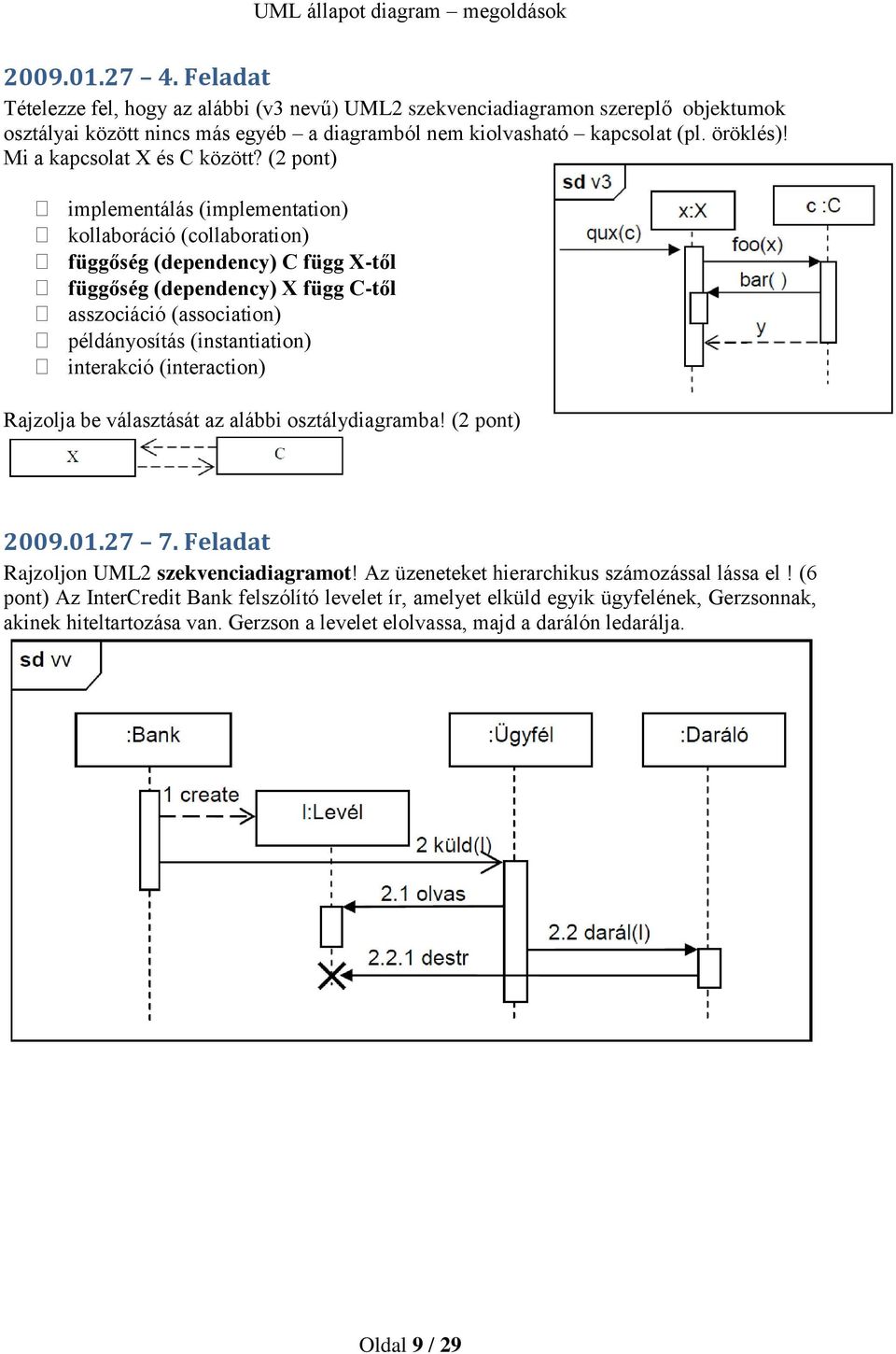(2 pont) implementálás (implementation) kollaboráció (collaboration) függőség (dependency) C függ X-től függőség (dependency) X függ C-től asszociáció (association) példányosítás (instantiation)