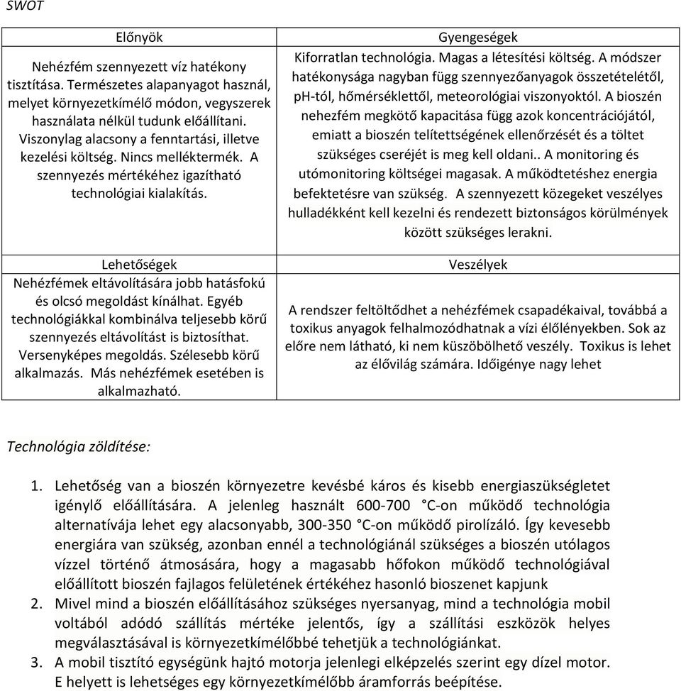 Lehetőségek Nehézfémek eltávolítására jobb hatásfokú és olcsó megoldást kínálhat. Egyéb technológiákkal kombinálva teljesebb körű szennyezés eltávolítást is biztosíthat. Versenyképes megoldás.