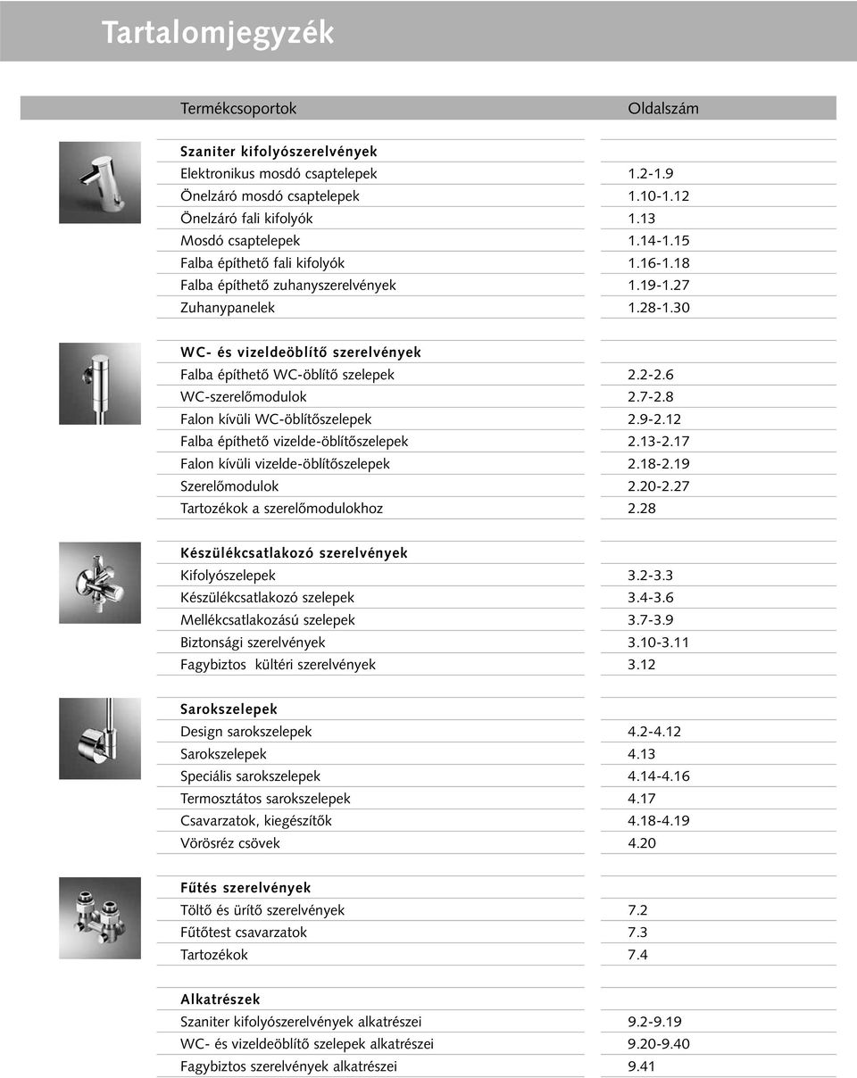 6 WC-szerelőmodulok 2.7-2.8 Falon kívüli WC-öblítőszelepek 2.9-2.12 Falba építhető vizelde-öblítőszelepek 2.13-2.17 Falon kívüli vizelde-öblítőszelepek 2.18-2.19 Szerelőmodulok 2.20-2.