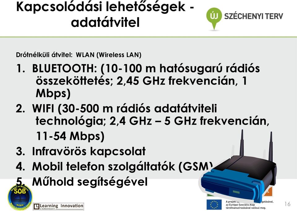 WIFI (30-500 m rádiós adatátviteli technológia; 2,4 GHz 5 GHz frekvencián, 11-54