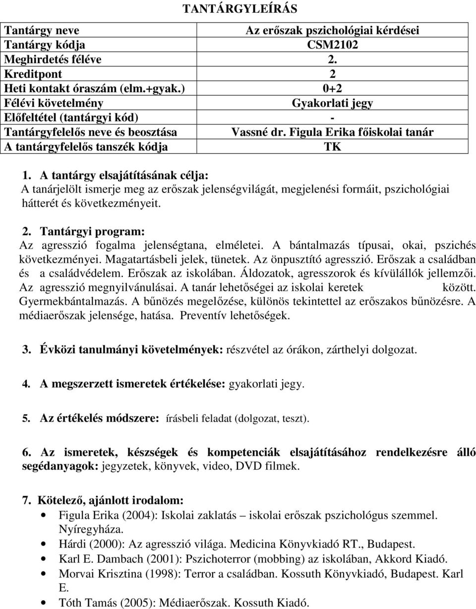 Tantárgyi program: Az agresszió fogalma jelenségtana, elméletei. A bántalmazás típusai, okai, pszichés következményei. Magatartásbeli jelek, tünetek. Az önpusztító agresszió.