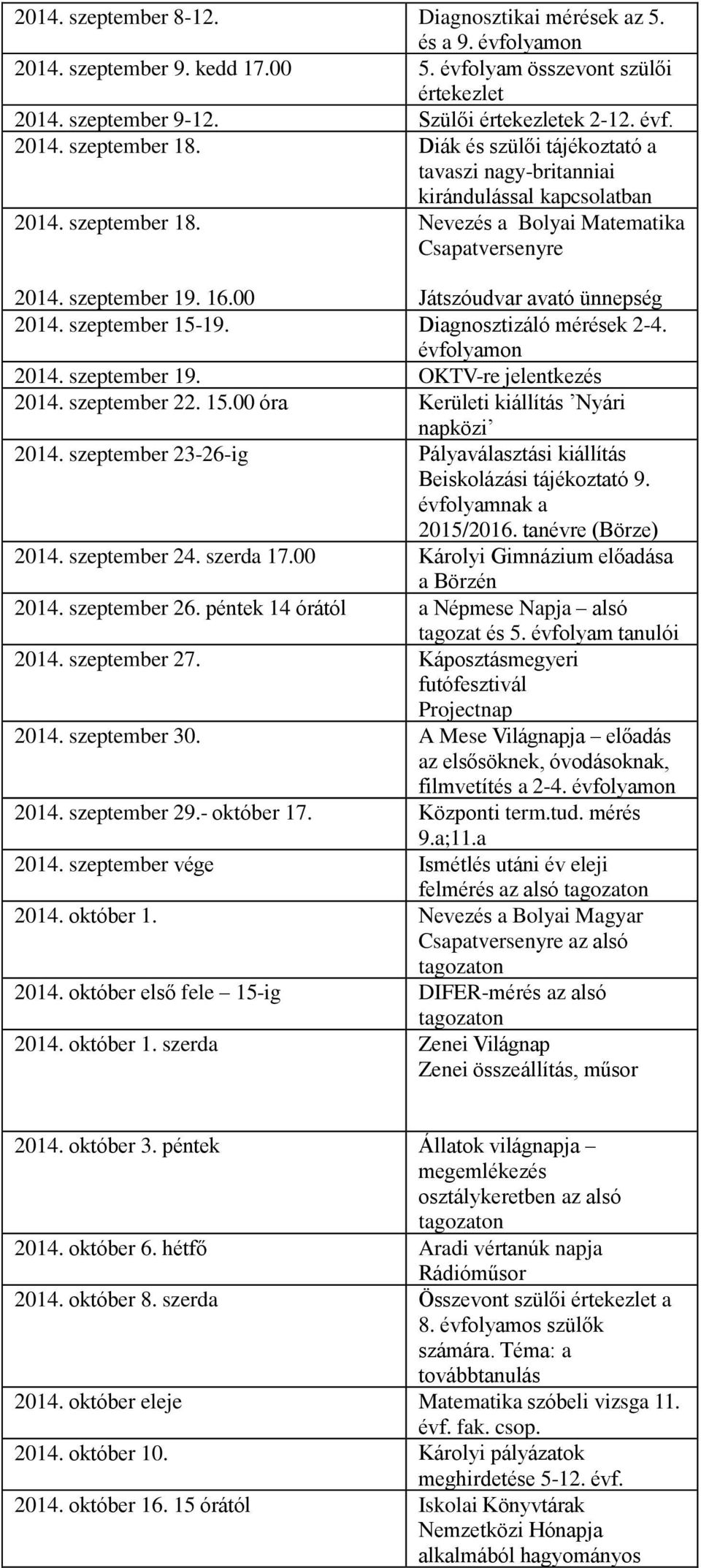 00 Játszóudvar avató ünnepség 2014. szeptember 15-19. Diagnosztizáló mérések 2-4. 2014. szeptember 19. OKTV-re jelentkezés 2014. szeptember 22. 15.00 óra Kerületi kiállítás Nyári napközi 2014.