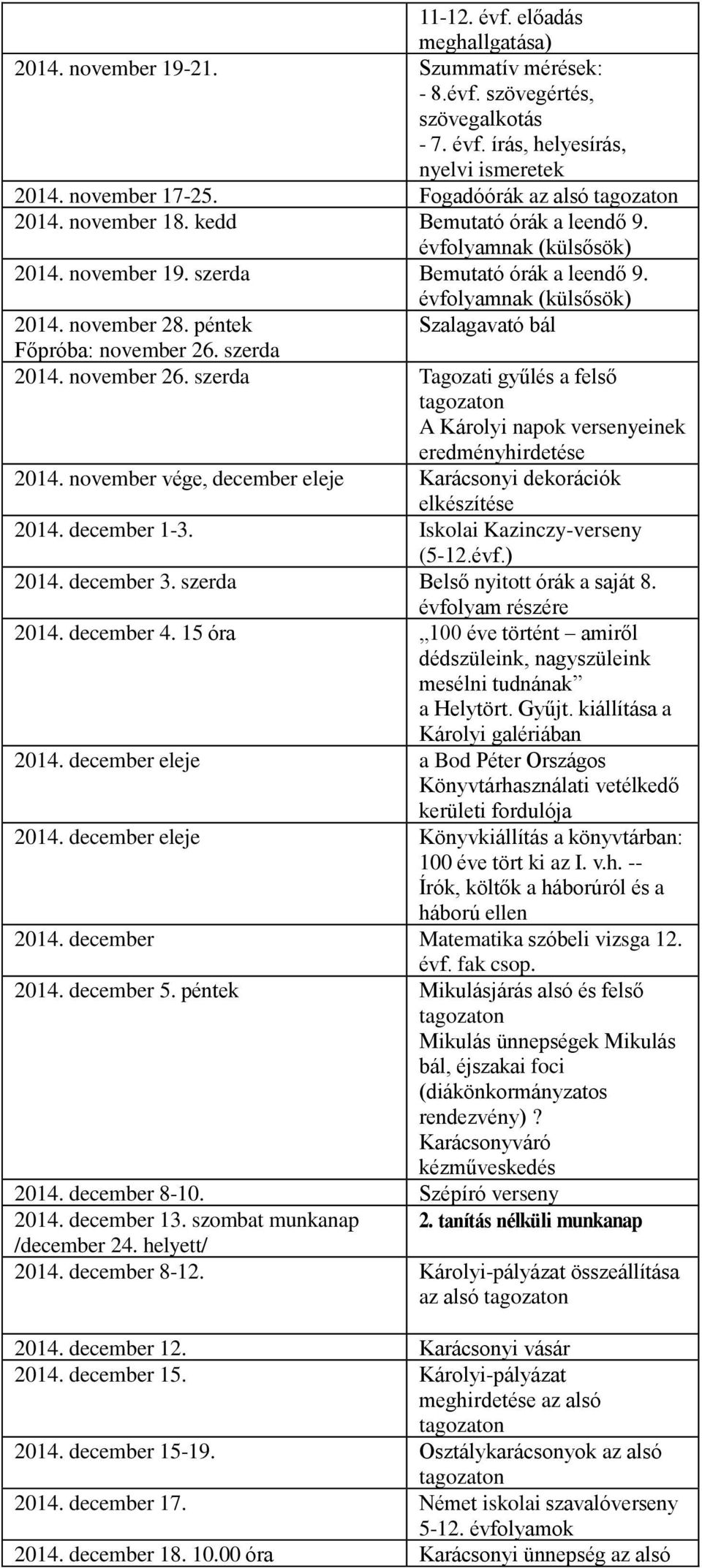 péntek Szalagavató bál Főpróba: november 26. szerda 2014. november 26. szerda Tagozati gyűlés a felső A Károlyi napok versenyeinek eredményhirdetése 2014.