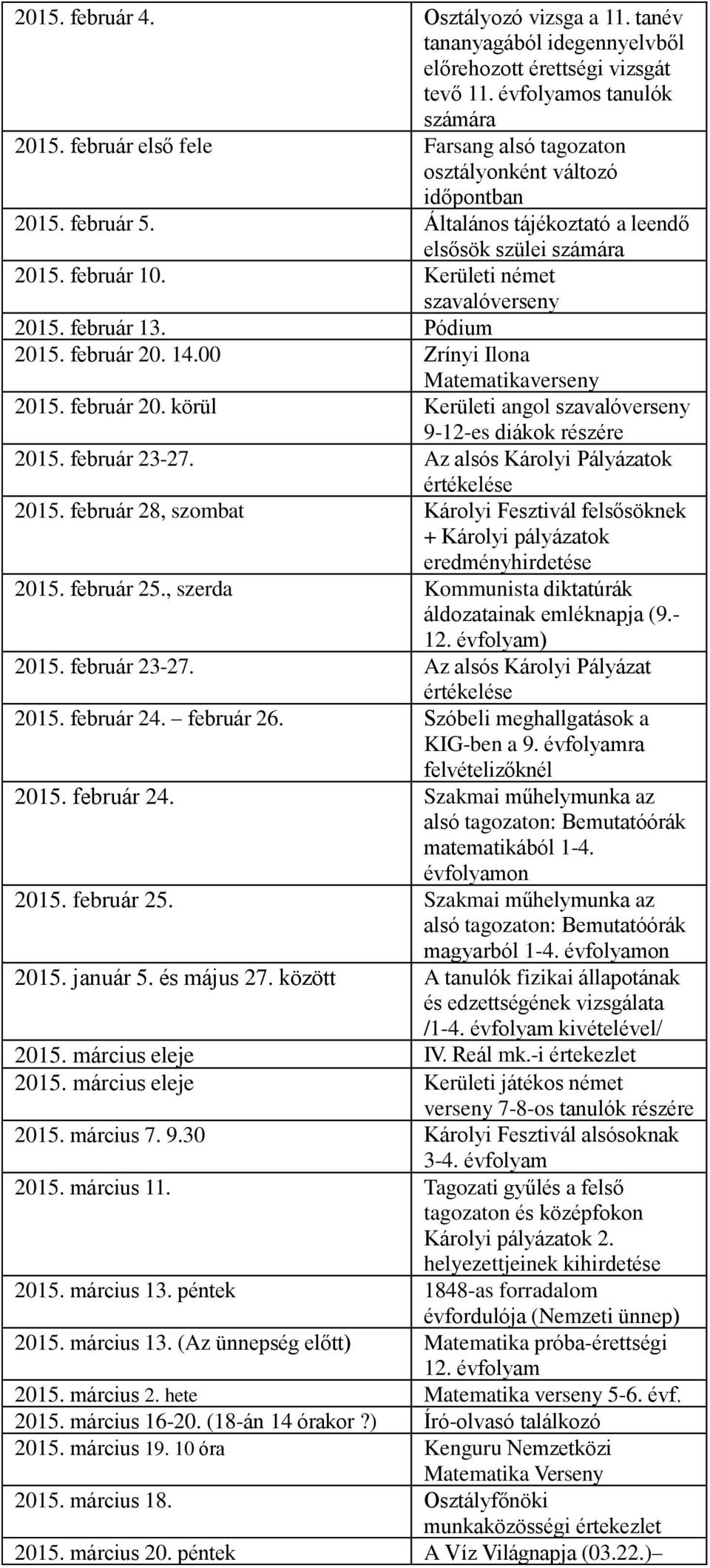 Pódium 2015. február 20. 14.00 Zrínyi Ilona Matematikaverseny 2015. február 20. körül Kerületi angol szavalóverseny 9-12-es diákok részére 2015. február 23-27.