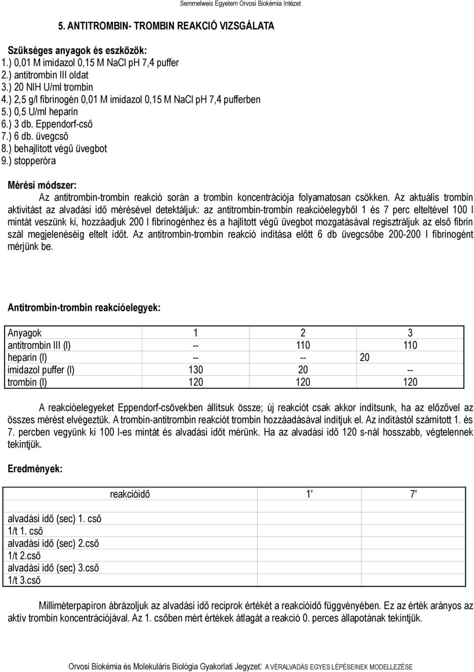 ) stopperóra Mérési módszer: Az antitrombin-trombin reakció során a trombin koncentrációja folyamatosan csökken.