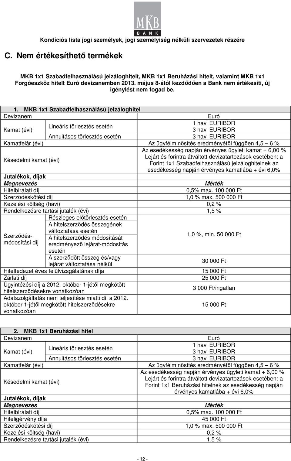 MKB 1x1 Szabadfelhasználású jelzáloghitel Euró 1 havi EURIBOR Lineáris törlesztés 3 havi EURIBOR Annuitásos törlesztés 3 havi EURIBOR Kamatfelár (évi) Az ügyfélminősítés eredményétől függően 4,5 6 %