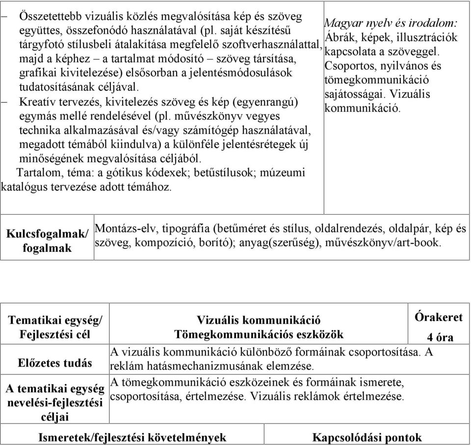 tudatosításának céljával. Kreatív tervezés, kivitelezés szöveg és kép (egyenrangú) egymás mellé rendelésével (pl.