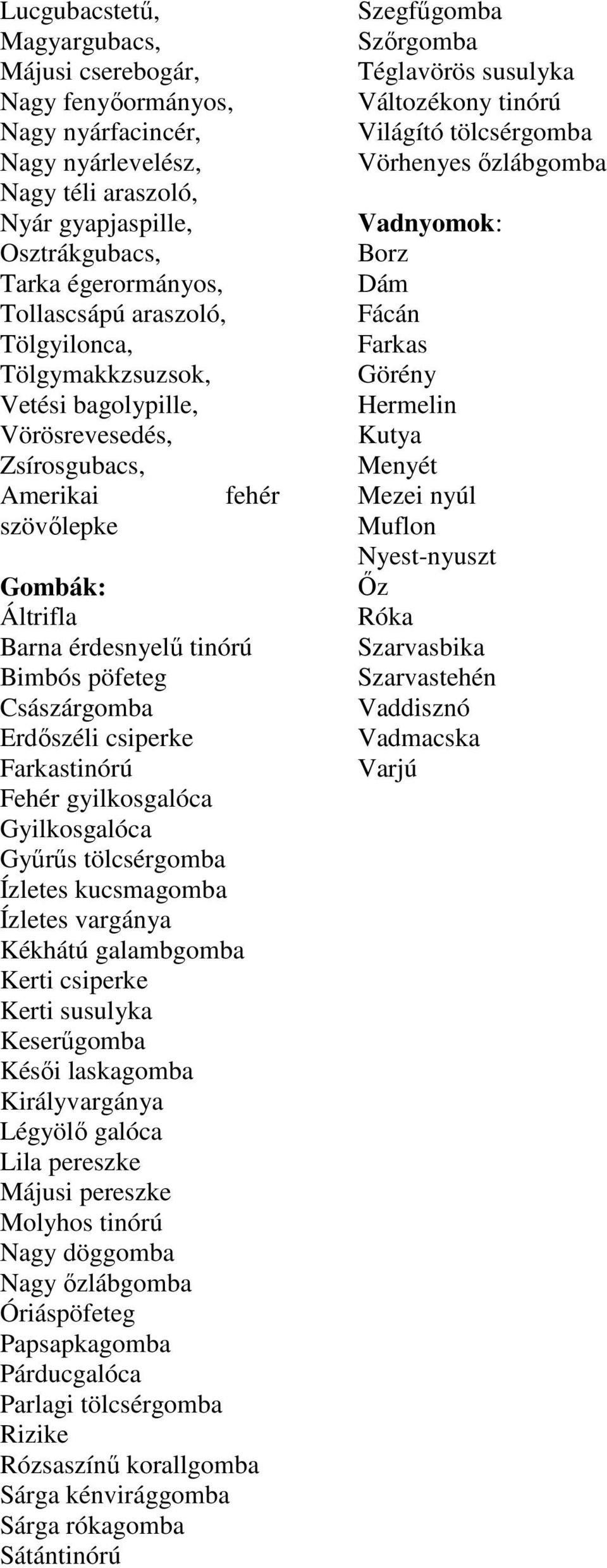 csiperke Farkastinórú Fehér gyilkosgalóca Gyilkosgalóca Győrős tölcsérgomba Ízletes kucsmagomba Ízletes vargánya Kékhátú galambgomba Kerti csiperke Kerti susulyka Keserőgomba Késıi laskagomba