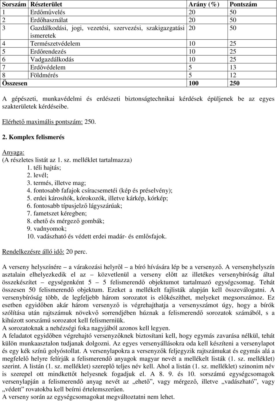 Elérhetı maximális pontszám: 250. 2. Komplex felismerés Anyaga: (A részletes listát az 1. sz. melléklet tartalmazza) 1. téli hajtás; 2. levél; 3. termés, illetve mag; 4.