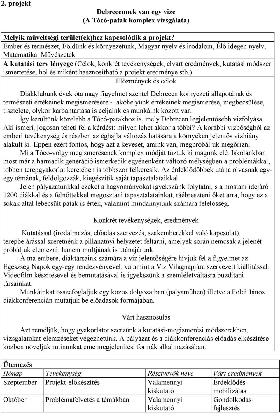 módszer ismertetése, hol és miként hasznosítható a projekt eredménye stb.