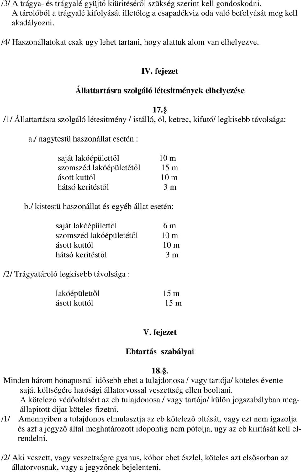 /1/ Állattartásra szolgáló létesitmény / istálló, ól, ketrec, kifutó/ legkisebb távolsága: a.