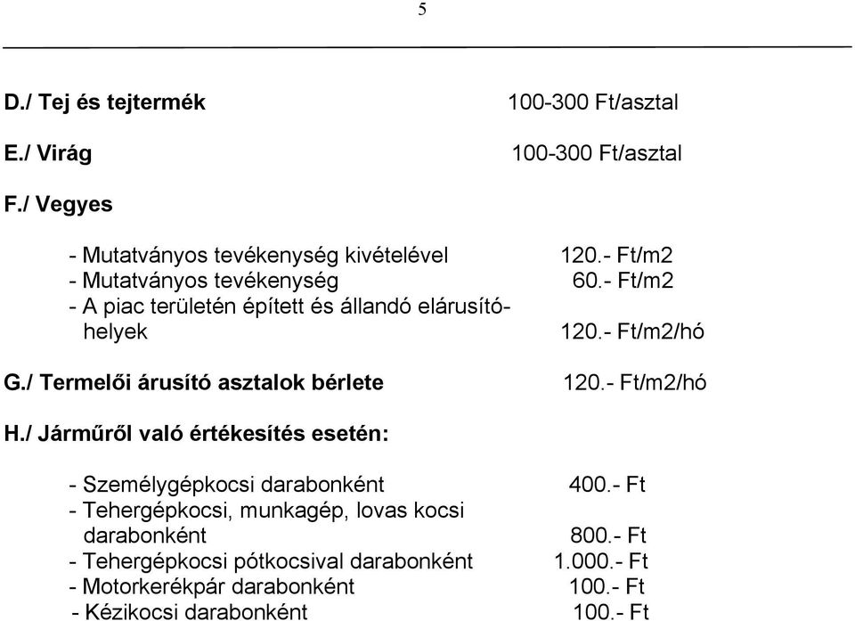 / Termelői árusító asztalok bérlete 120.- Ft/m2/hó H./ Járműről való értékesítés esetén: - Személygépkocsi darabonként 400.