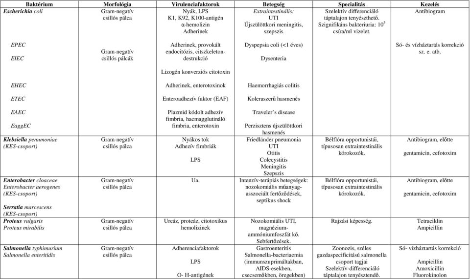 EPEC EIEC csillós pálcák Adherinek, provokált endocitózis, citszkeletondestrukció Dyspepsia coli (<1 éves) Dysenteria Só- és vízháztartás korrekció sz. e. atb.