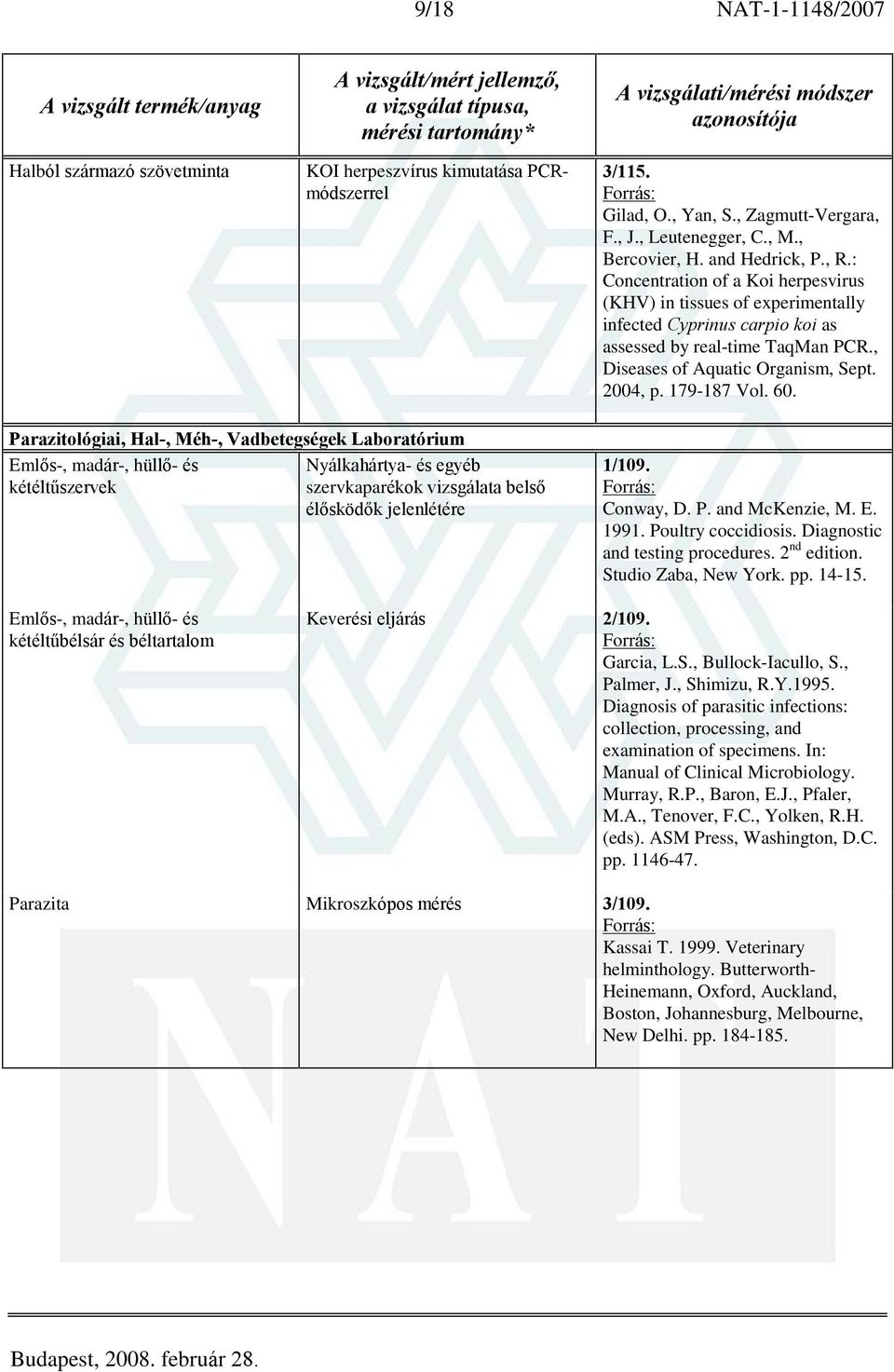 Parazitológiai, Hal-, Méh-, Vadbetegségek Laboratórium Emlõs-, madár-, hüllõ- és Nyálkahártya- és egyéb kétéltûszervek szervkaparékok vizsgálata belsõ élõsködõk jelenlétére 1/109. Conway, D. P.