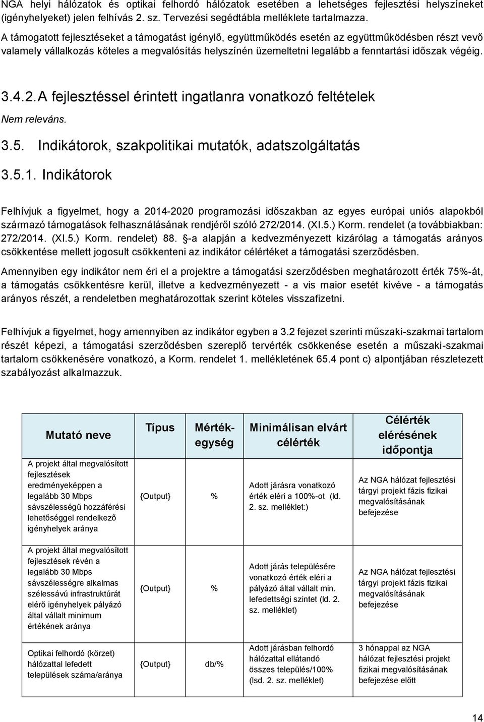 végéig. 3.4.2. A fejlesztéssel érintett ingatlanra vonatkozó feltételek Nem releváns. 3.5. Indikátorok, szakpolitikai mutatók, adatszolgáltatás 3.5.1.