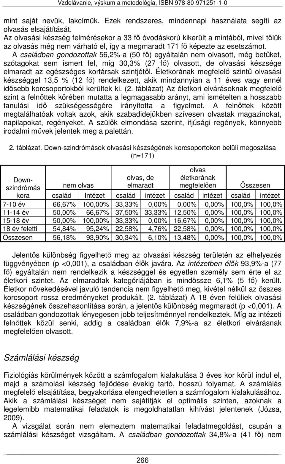A családban gondozottak 56,2%-a (50 fő) egyáltalán nem olvasott, még betűket, szótagokat sem ismert fel, míg 30,3% (27 fő) olvasott, de olvasási készsége elmaradt az egészséges kortársak szintjétől.
