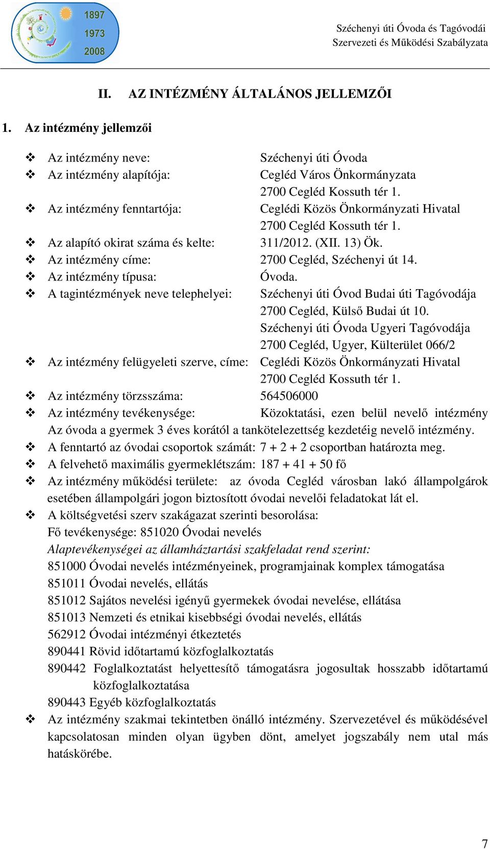 Az intézmény típusa: Óvoda. A tagintézmények neve telephelyei: Széchenyi úti Óvod Budai úti Tagóvodája 2700 Cegléd, Külső Budai út 10.
