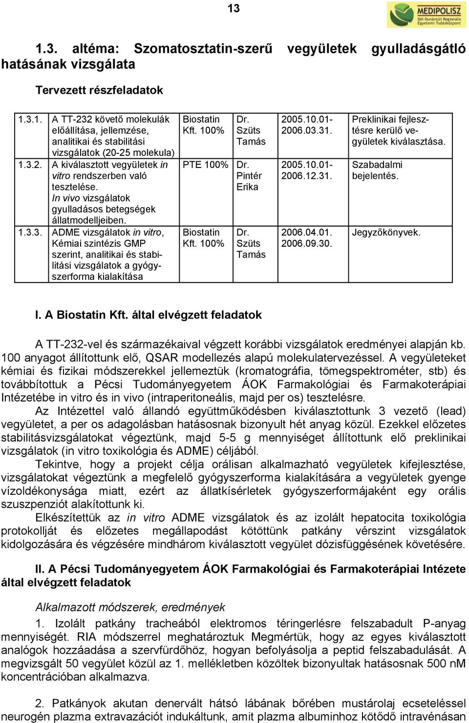 1% PTE 1% Biostatin Kft. 1% Dr. Szüts Tamás Dr. Pintér Erika Dr. Szüts Tamás 25.1.1-26.3.31. 25.1.1-26.12.31. 26.4.1. 26.9.3. Preklinikai fejlesztésre kerülő vegyületek kiválasztása.