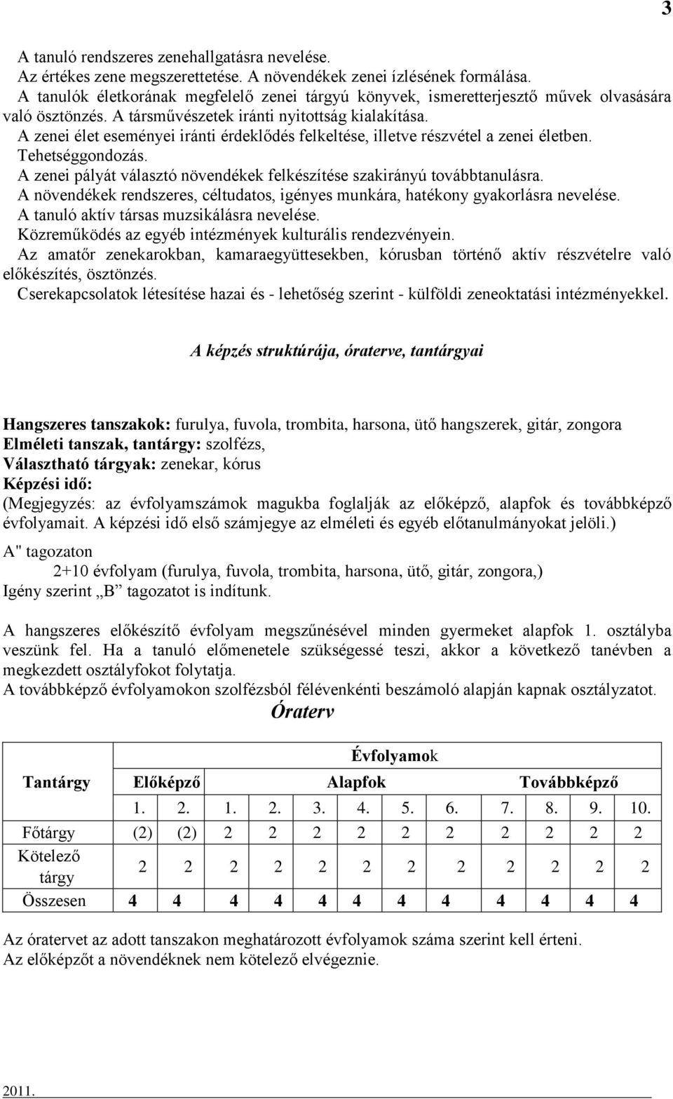 A zenei élet eseményei iránti érdeklődés felkeltése, illetve részvétel a zenei életben. Tehetséggondozás. A zenei pályát választó növendékek felkészítése szakirányú továbbtanulásra.