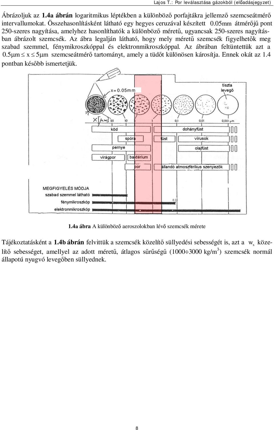 Az ábra legalján látható, hogy mely méretű szemcsék figyelhetők meg szabad szemmel, fénymikroszkóal és elektronmikroszkóal. Az ábrában feltüntettük azt a.