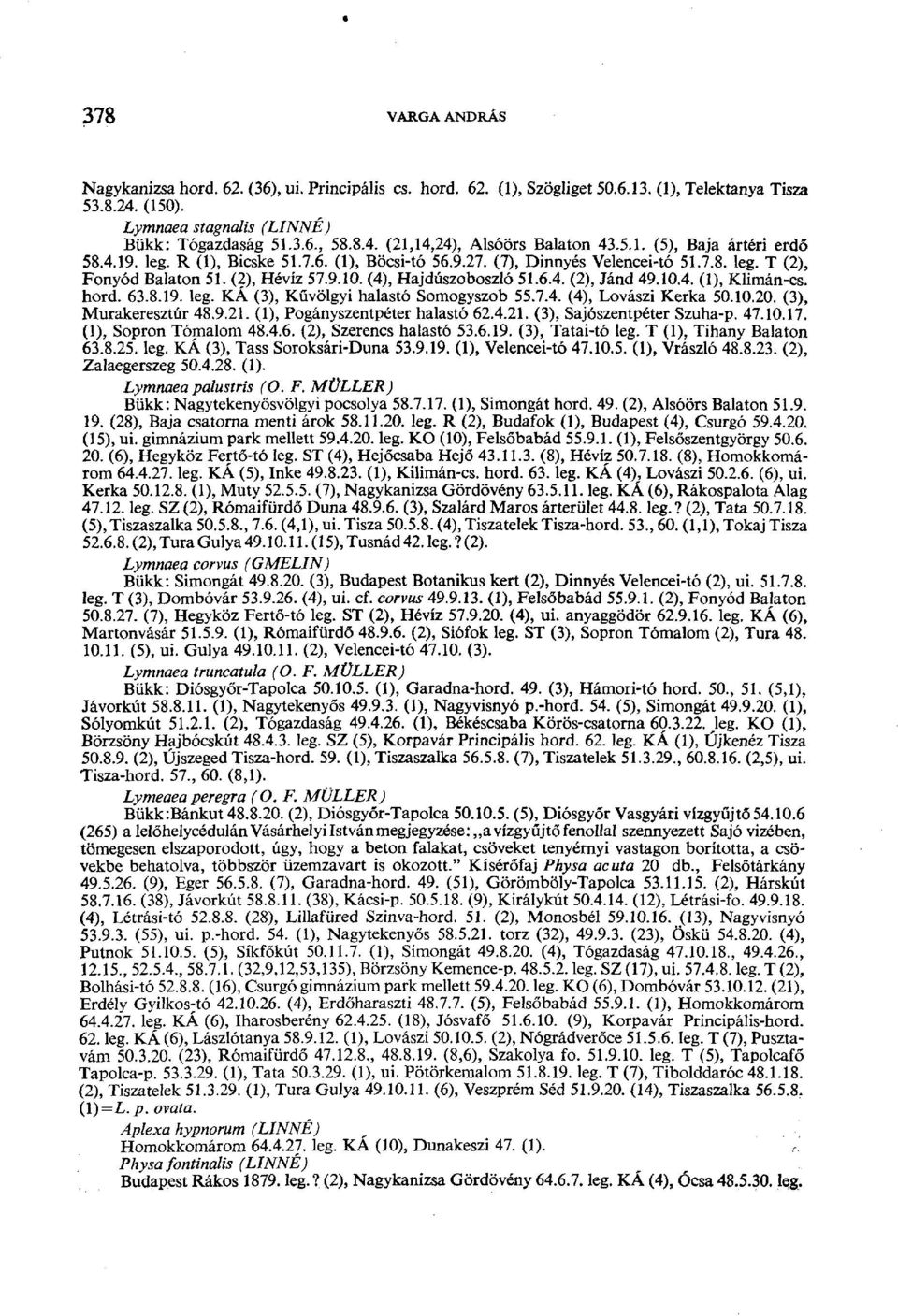 10.4. (1), Klimán-cs. hord. 63.8.19. leg. KÁ (3), Kűvölgyi halastó Somogyszob 55.7.4. (4), Lovászi Kerka 50.10.20. (3), Murakeresztúr 48.9.21. (1), Pogányszentpéter halastó 62.4.21. (3), Sajószentpéter Szuha-p.