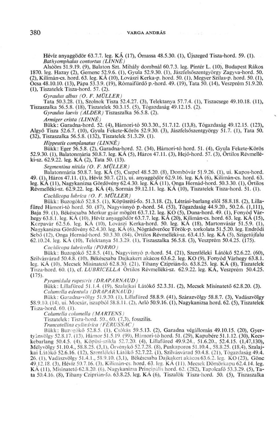 hord. 50. (1), Ócsa 48.10.10. (13), Pápa 53.3.9. (19), Rómaifürdő p.-hord. 49. (19), Tata 50. (14), Veszprém 51.9.20. (1), Tiszatelek Tisza-hord. 57. (2). Gyraulus albus (O. F. MÜLLER) Tata 50.3.28.