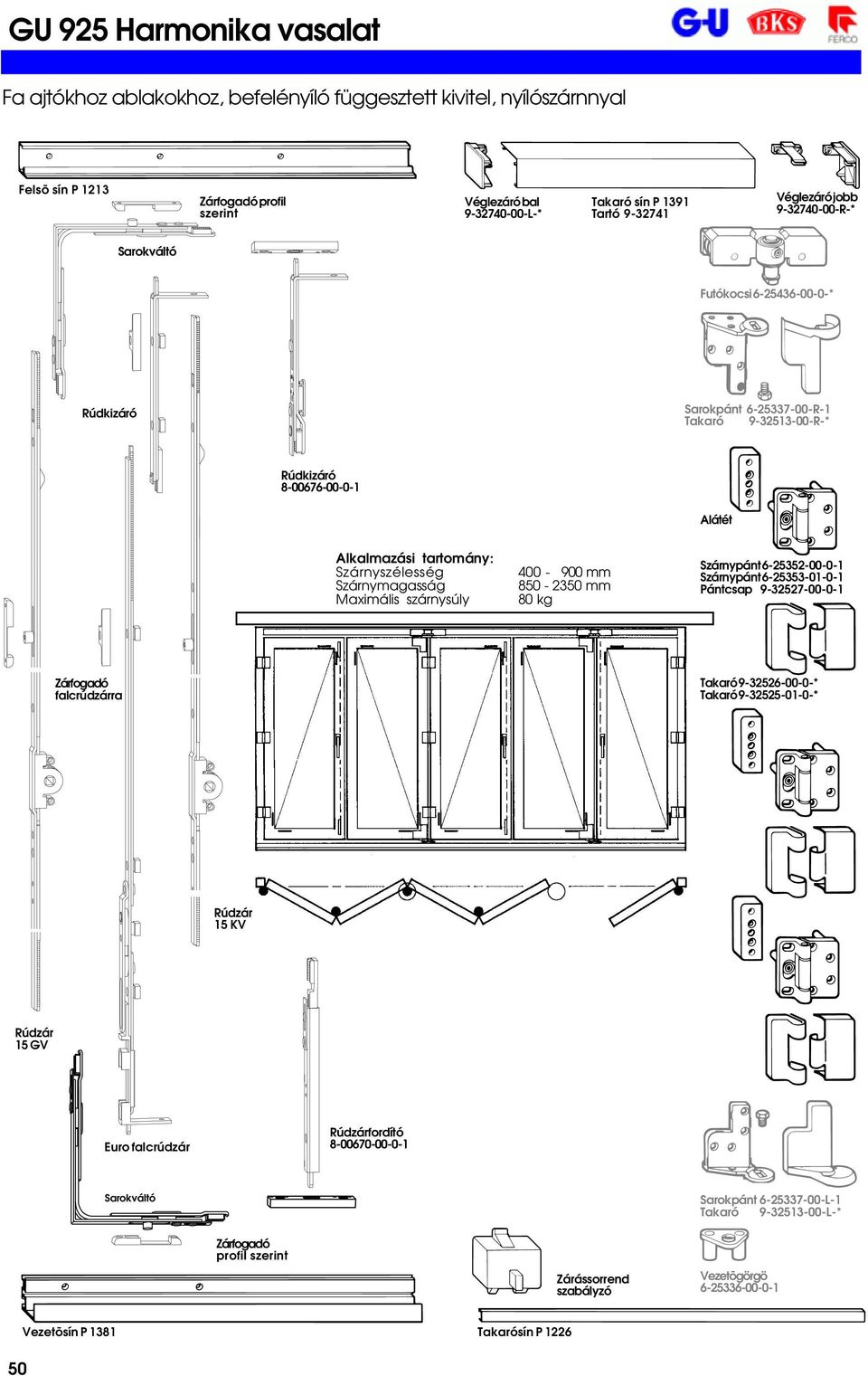 Szárnymagasság Maximális szárnysúly 400-900 mm 850-2350 mm 80 kg Szárnypánt 6-25352-00-0-1 Szárnypánt 6-25353-01-0-1 Pántcsap 9-32527-00-0-1 Zárfogadó falcrúdzárra Takaró 9-32526-00-0-* Takaró