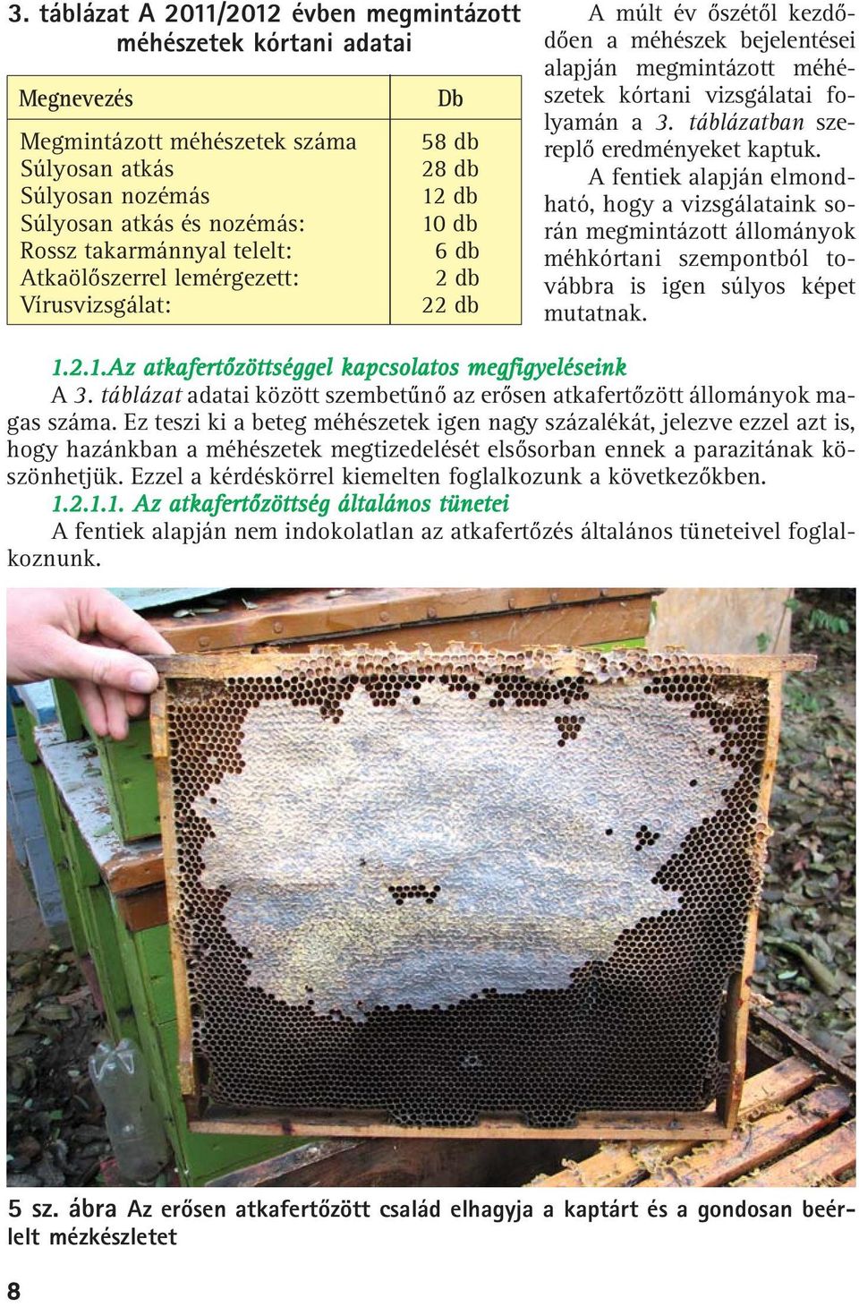 a 3. táblázatban szereplõ eredményeket kaptuk. A fentiek alapján elmondható, hogy a vizsgálataink során megmintázott állományok méhkórtani szempontból továbbra is igen súlyos képet mutatnak. 1.