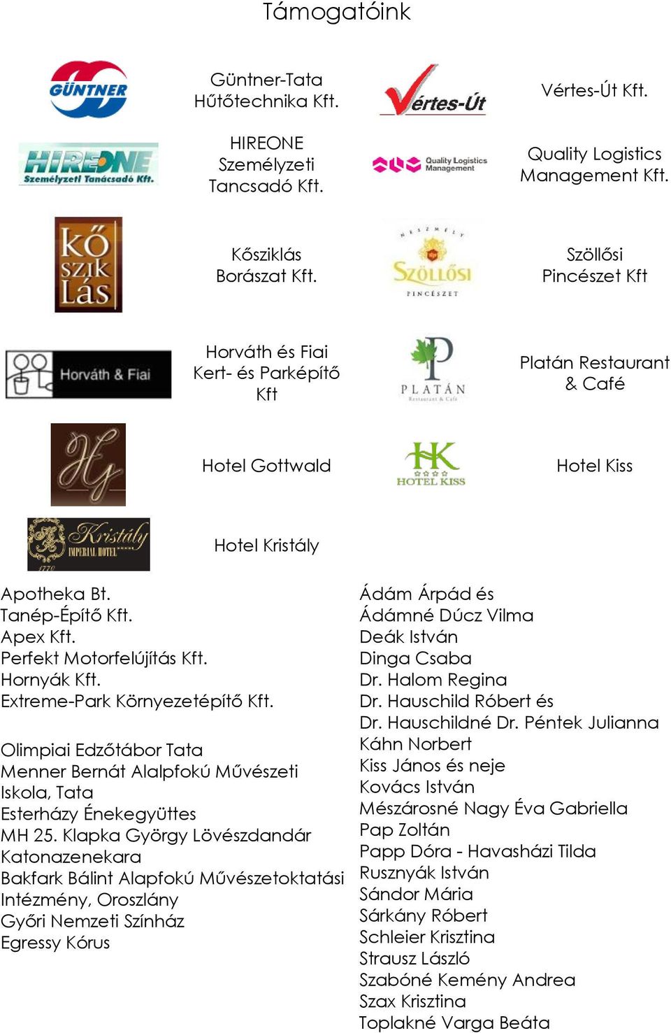 Hornyák Kft. Extreme-Park Környezetépítő Kft. Olimpiai Edzőtábor Tata Menner Bernát Alalpfokú Művészeti Iskola, Tata Esterházy Énekegyüttes MH 25.