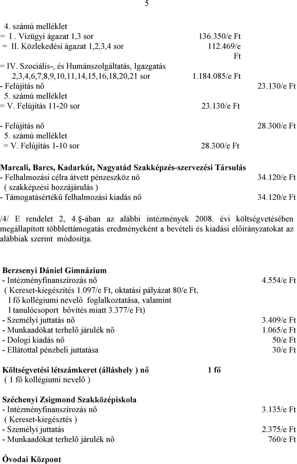 130/e Ft - Felújítás nő 28.300/e Ft 5. számú melléklet = V. Felújítás 1-10 sor 28.